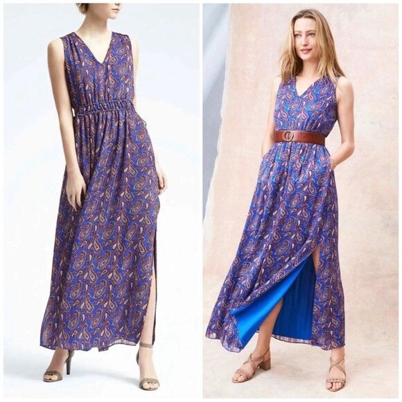 Banana Republic Indigo Paisley Gathered Grecian Maxi Dress - Picture 1 of 12